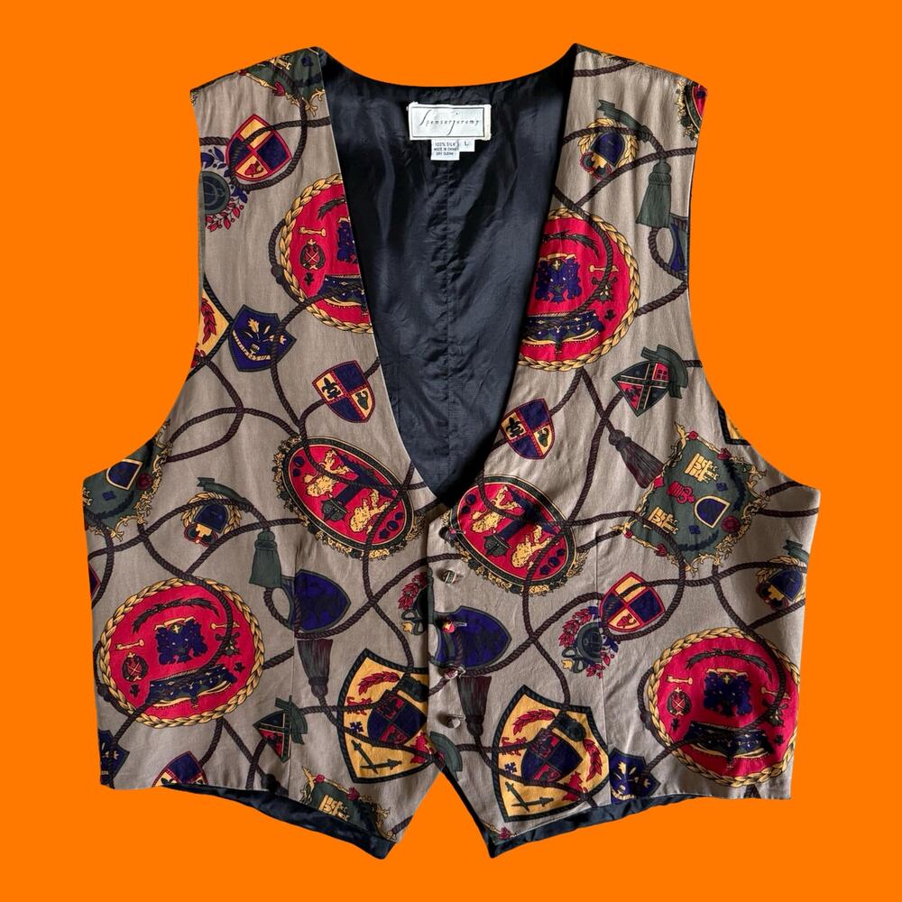 90's vintage 100% silk heraldic print equestrian old money vest LARGE